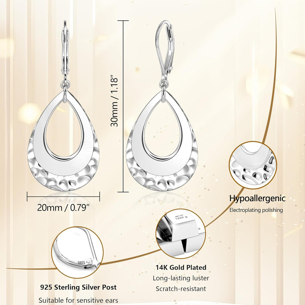 925 Sterling Silver Teardrop Dangle Earrings for Women Hammered Layer Drop Dangle Earrings #OWK008