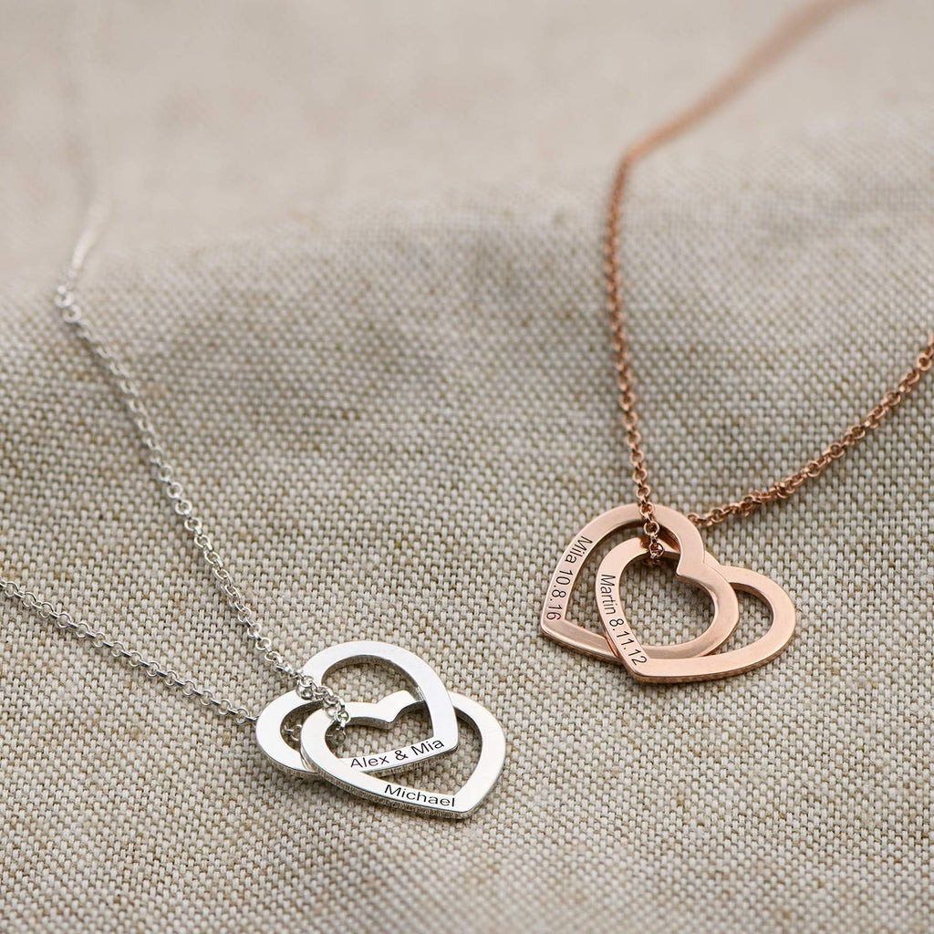 925 Sterling Silver Custom Personalized Love Locked Hearts Necklace with Names - Custom Engraved Couple Name Inscription - Two Interlocking Heart Pendant  Gift for Women Wife Her