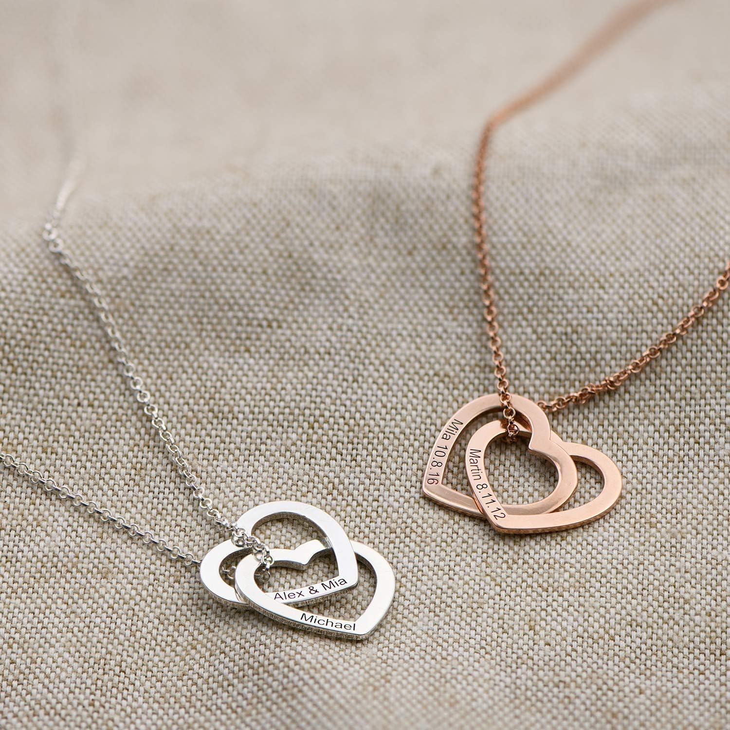 925 Sterling Silver Custom Personalized Love Locked Hearts Necklace with Names - Custom Engraved Couple Name Inscription - Two Interlocking Heart Pendant  Gift for Women Wife Her